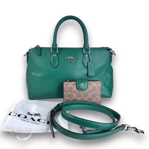 COACH Georgia Satchel Green Pebbled Leather Shoulder Crossbody Bag w Wallet - Picture 1 of 16